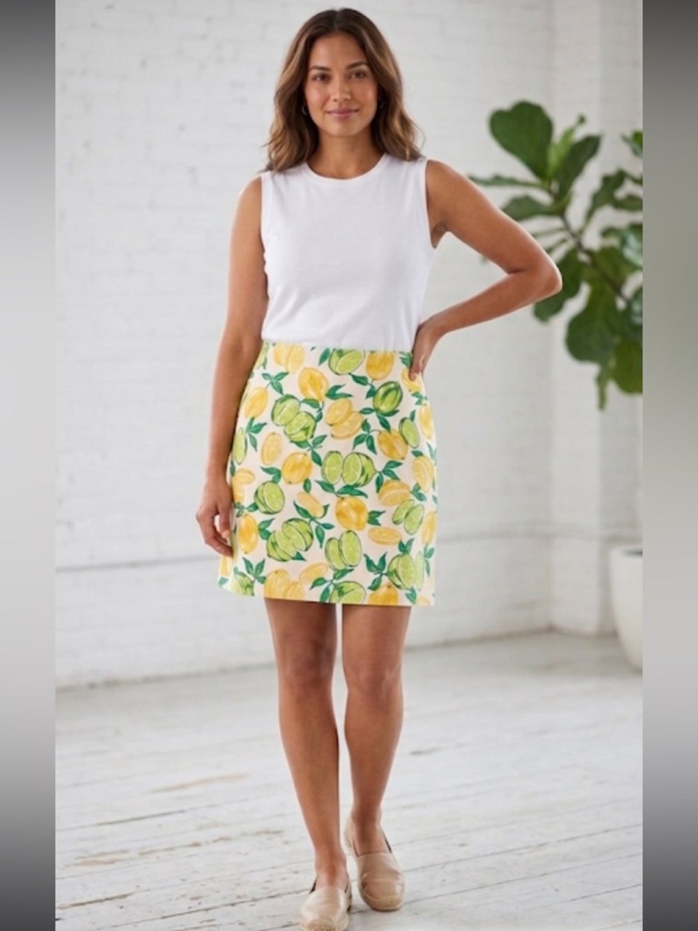Talbots Novelty Fruit Print Skirt 12 Summer Cotton Stretch Lemon Lime EUC Opaque
